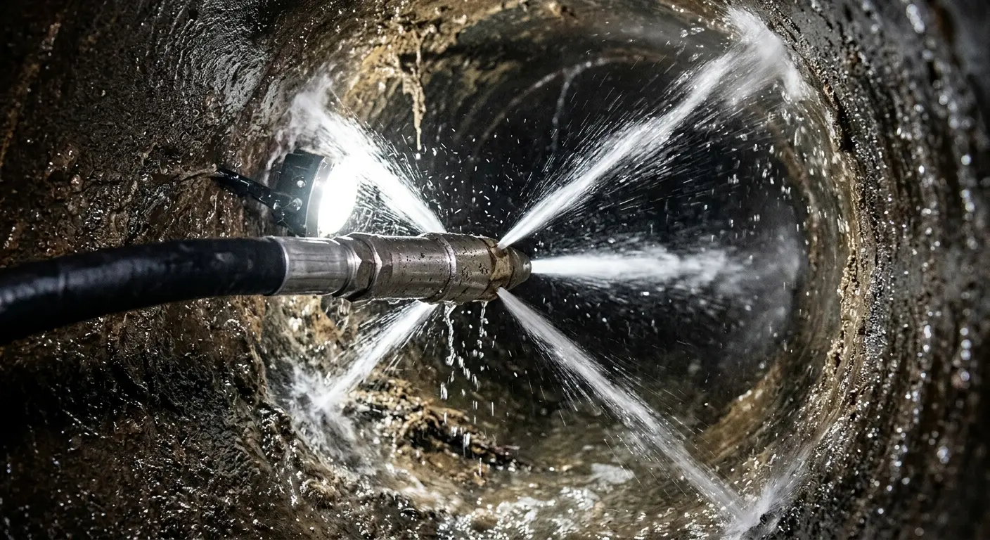 High-pressure hydro jetting nozzle cleaning sewer pipe for Emergency Drain Service in New Berlin