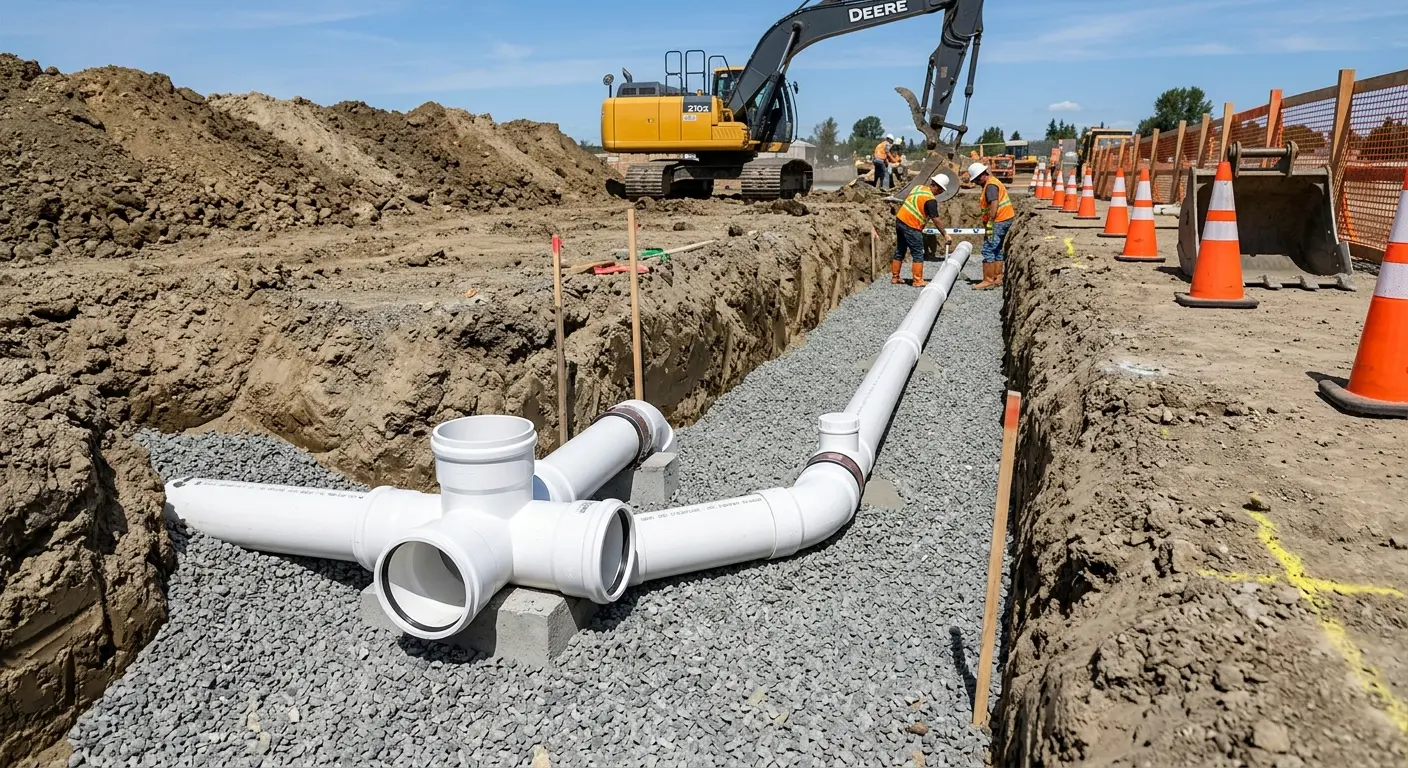 New PVC sewer pipe installation in open trench for Sewer Backup in New Berlin