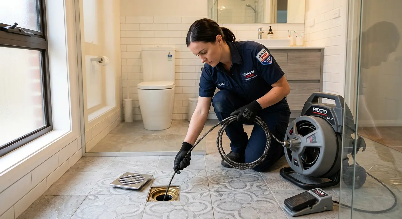 Technician clearing a bathroom floor drain for Drain Cleaning in New Berlin